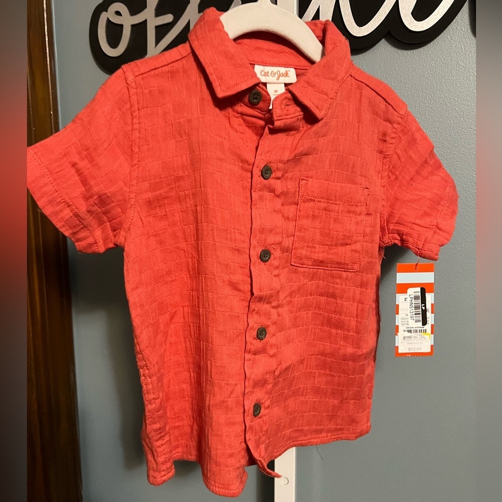 Cat & Jack Coral Button Down Collar Pocket Short Sleeve  Shirt NWT  2T
